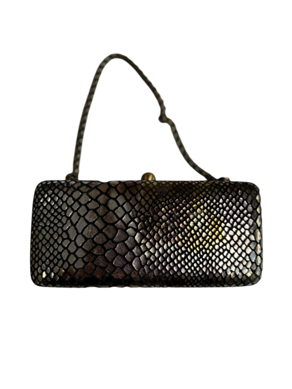 Metallic Snake-Embossed Evening Clutch in silver and gold